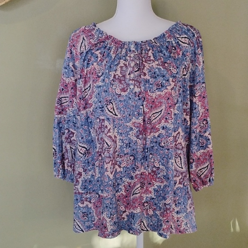 Chaps Women's Print Top Scoop Neck 3/4 Length Sleeves Size 2X